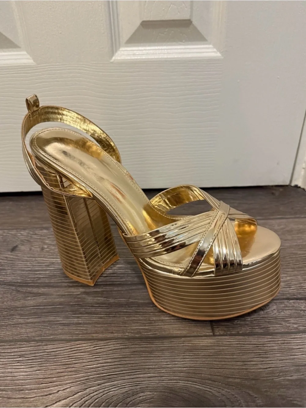 Size 9 Gold Metallic Platform Block Heel Sandals